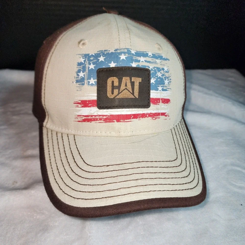CAT Caterpillar‎ Equipment Old Glory Cap Tan Front Brown Back American Flag Hat